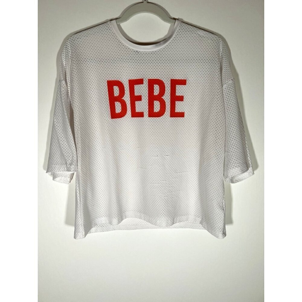 BEBE sport white mesh short slv oversized pink logo shirt sz L retro athletic